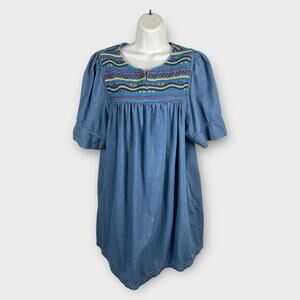 Vintage Bechamel Denim Embroidered Blouson Dress Large Cottage Western Boho